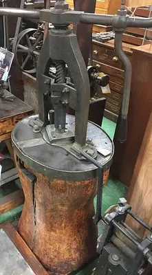 2644-385 Antique Rare Hand Operated Screw/Fly Press with Round Wood Base Circa 1880