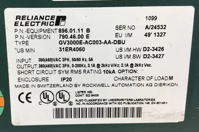 RELIANCE 31ER4060 / GV3000E-AC003-AA-DBU AC SENSORLESS DRIVE 460V 1E