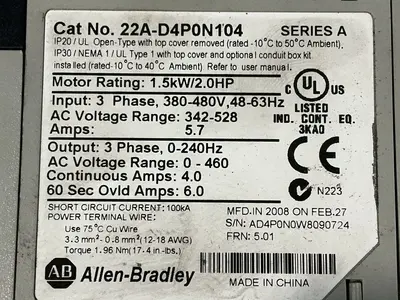 Used 2008 ALLENBRADLEY 22AD4P0N104 Variable Speed Drives Ohio US | HGR 24 #1326066