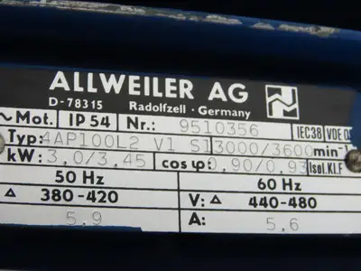 Allweiler 4AP100L2 V1 S1 Metric AC Motor 3.4kw 3600 RPM 480V 3PH 100L Frame