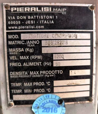 Pieralisi Baby 1 decanter centrifuge, SS.