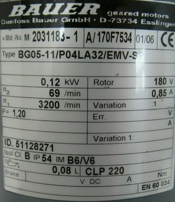NEW BAUER BG05-11/P04LA32/EMV-SP GEAR MOTOR BG0511P04LA32EMVSP