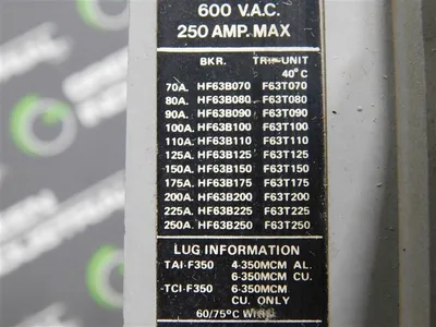 Gould HF63F250 Circuit Breaker 600VAC 250A 3 Pole 225A Rating Plug Chipped Used