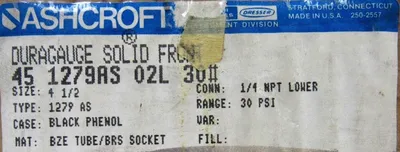 NEW ASHCROFT 45-1279AS-02L-30# PRESSURE GAUGE 451279AS02L30 1279-AS 4-1/2" 30PSI