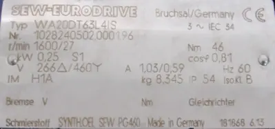 NEW SEW EURODRIVE WA20DT63L4IS GEAR MOTOR 266/460V