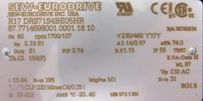 NEW SEW EURODRIVE R17 DRS71S4BE05HR GEARMOTOR 15.84:1 .33HP 230/460V