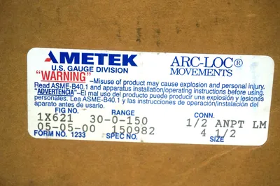 NEW AMETEK 1233 150982 GAUGE 30-0-150 41/2" 1X621