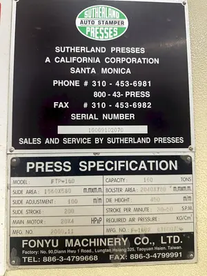 160 TON SUTHERLAND MODEL #FTP-160 GAP PRESS, STROKE 7.87", new 2000: STOCK #20720