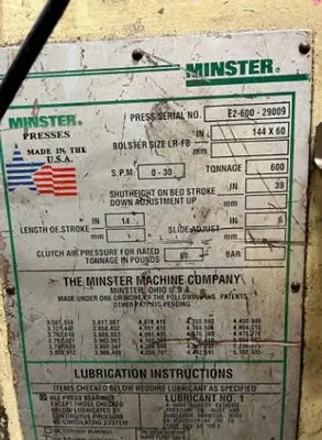 Used 1996 MINSTER E2-600-144-60 Straight Side Presses Michigan US | Midwest Press and Automation #1493628