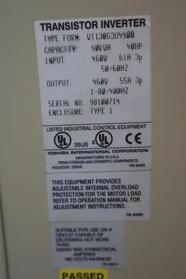 TOSHIBA VT130G3U4400 TOSVERT-130G3 TRANSISTOR INVERTER AC DRIVE 40HP STOCK 3407A