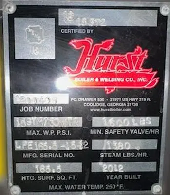 30 HP Hurst Boiler Low-Pressure Steam Boiler – 2012