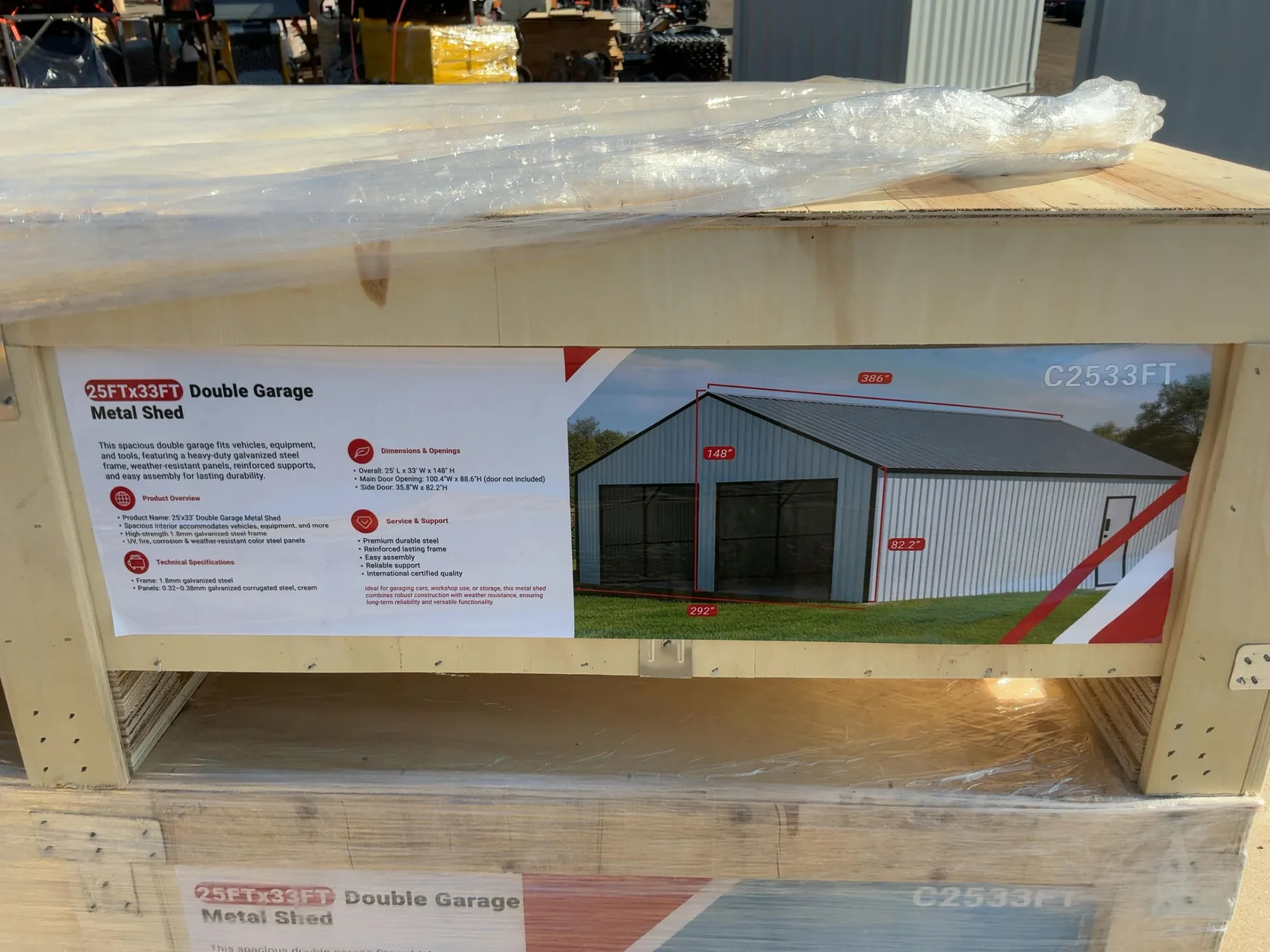 New SDLANCH 25’ x 33’ Double Garage Metal Shed, Model SDLC2533FT, 292” Wide x 386” Long x 148” Tall ...