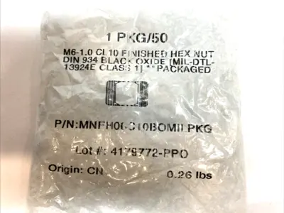 MNFH06C10BOMILPKG | M6‑1.0 Cl 10 Hex Nut, Black Oxide Finish,  PKG 50 - New