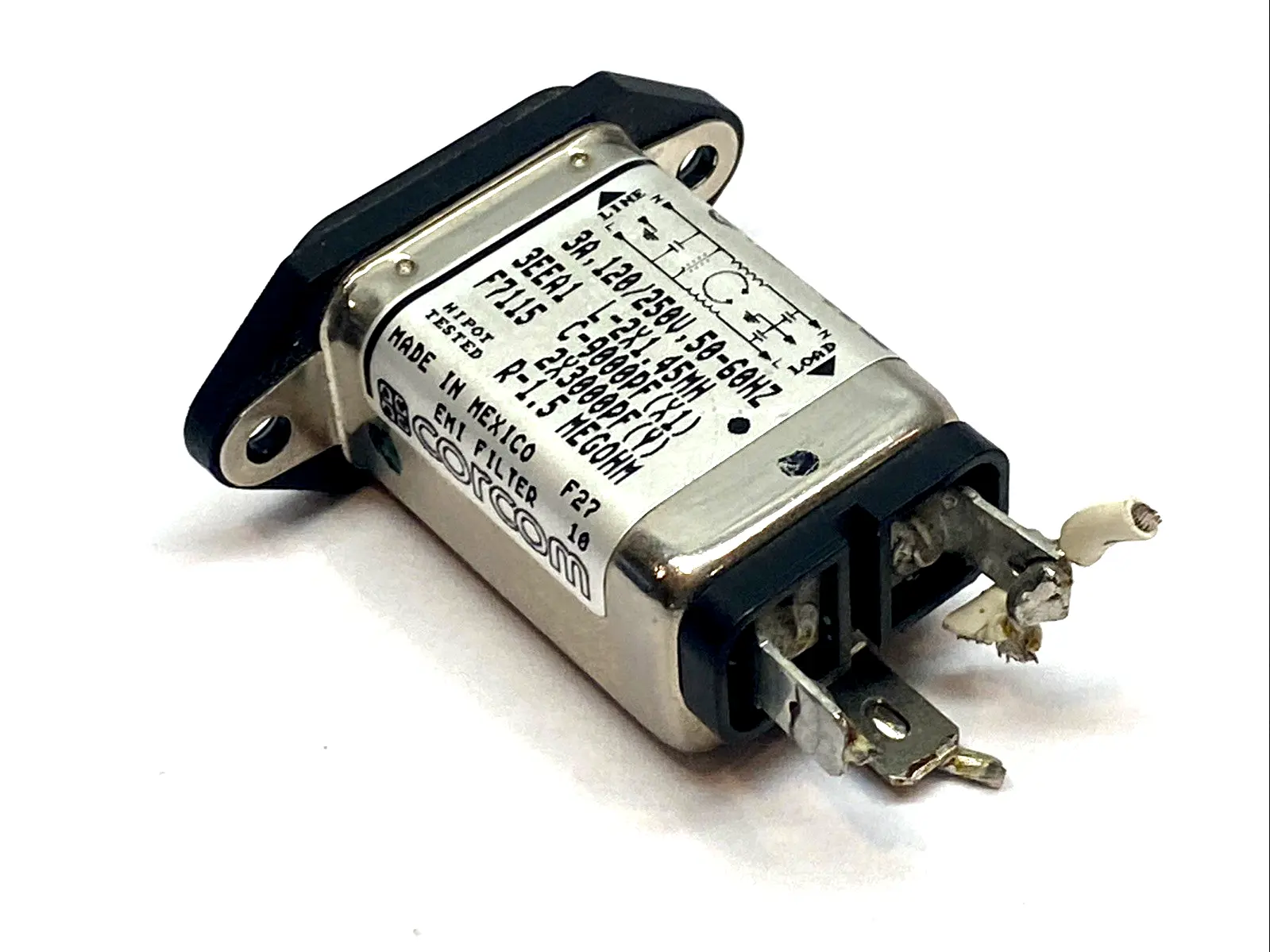 USED CORCOM IEC C14 INLET EMI FILTER FLANGE MOUNT 3A 250V