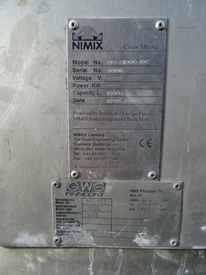 1,000L Nimix S/S Enclosed Mixing Tank