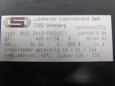 J.Schneider NGDL 2412-950508T1 166942/2 Transformer 480V Pri 24VDC Sec 288W 12A