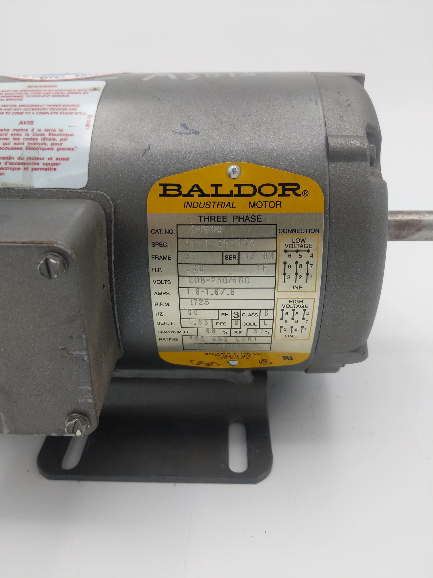 BALDOR .33 HP, 1725 RPM, 56 FRAME MOTOR