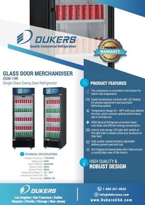 New | in-Stock Dukers New Dukers DSM-19R Commercial Single Glass Swing Door Merchandising Reach-in Cooler Refrigerator Display Refrigerators Illinois US | Falcon Restaurant Supply #1376386