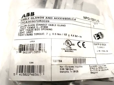 NPG-1001LG, 7TCA303070R0029 | ABB NPG-1001LG Nylon Quick Connect Cable Gland 1" Thread 18-25mm Range LOT OF 5 - New