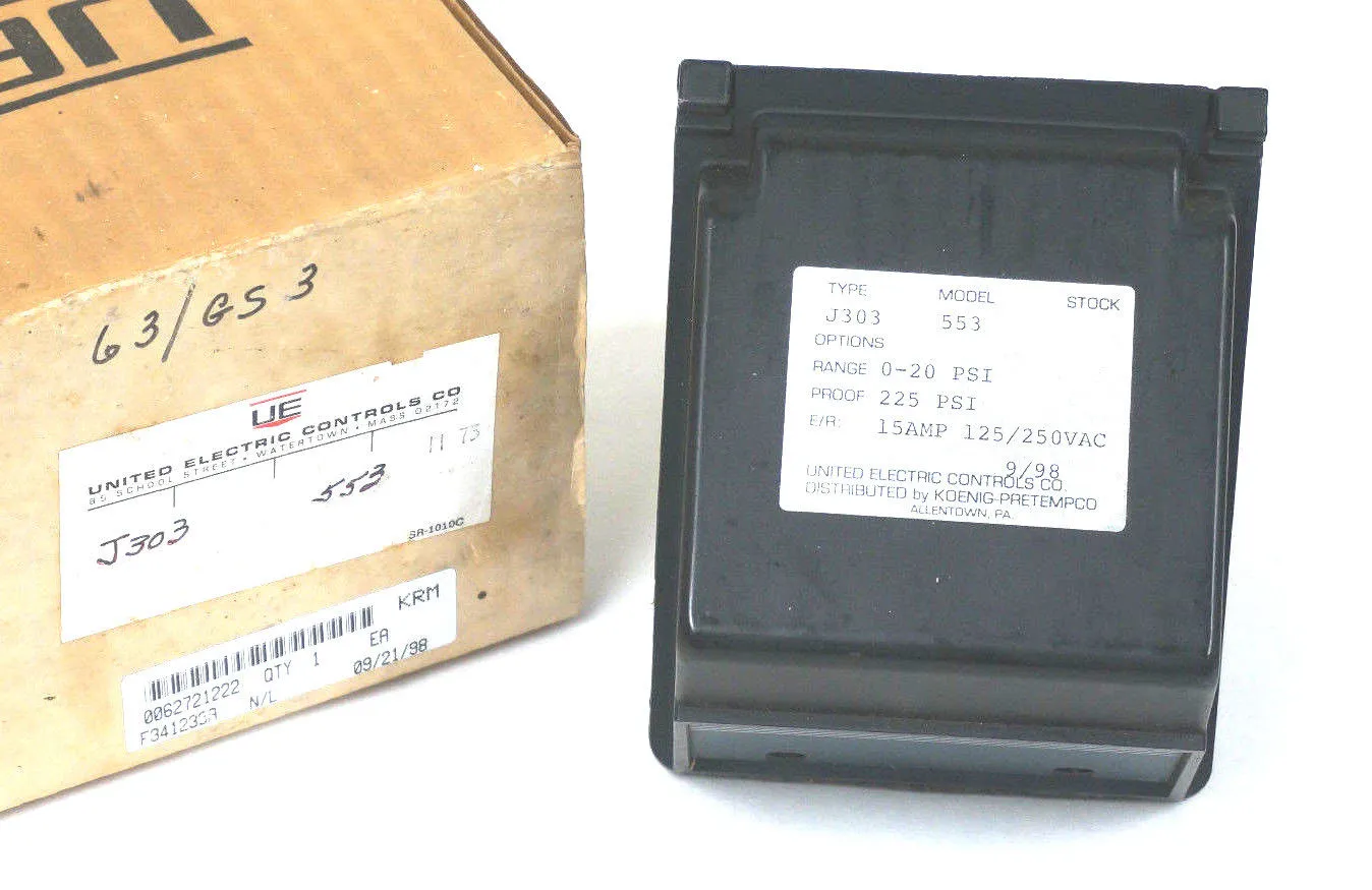 NEW UNITED ELECTRIC J303-553 PRESSURE SWITCH 0-20PSI, 15A, 125/250VAC