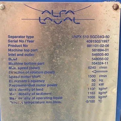 Alfa-Laval VNPX 510 SGD-34G-50 clarifier centrifuge skid, 316SS.