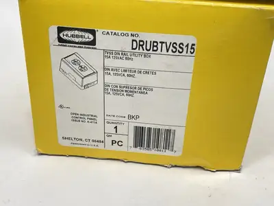 USED HUBBELL DIN RAIL UTILITY BOX COMPLETE UNIT TVSS DIN RAIL BOX 15A TVSS
