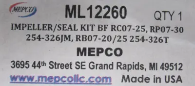 NEW MEPCO ML12260 IMPELLER SEAL KIT RC07-25 RP07-30 254-326JM RB07-20/25 254-326