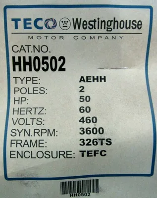 NEW WESTINGHOUSE HH0502 MOTOR 50HP 460V 3600RPM 326TS 1-7/8" DIA.