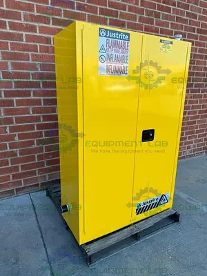 USED JUSTRITE 45 GALLON FLAMMABLE LIQUID STORAGE CABINET W/ SOFT CLOSE DOORS, KEY