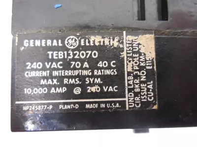 General Electric TEB132070 Circuit Breaker 70 Amps 240VAC Used
