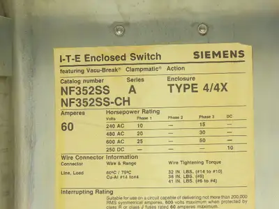 Siemens NF352SS-CH Safety Switch Disconnect Non Fused Stainless Steel 600V 60A