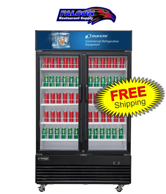 New | in-Stock Dukers New Dukers DSM-41R Commercial Glass Swing 2-Door Merchandising Reach-in Cooler Refrigerator Display Refrigerators Illinois US | Falcon Restaurant Supply #1376361