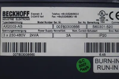 Beckhoff AX2003-AS S60301-520 Digital Compact Servo Drive Amplifier STK K-414-D