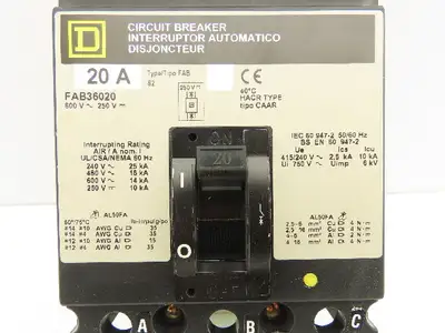 Square D FAB36020 I-Line Circuit Breaker 20A 600V 3 Pole Gray Face