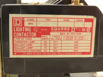 Square D LL0 60 Lighting Contactor 600VAC 20A 250VDC Max Coil-120V