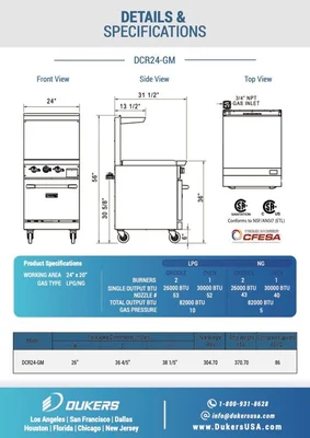 New | in-Stock Dukers New Dukers DCR24-GM 24" Gas Range with 24" Flat Top Griddle Commercial Ranges Illinois US | Falcon Restaurant Supply #1376295