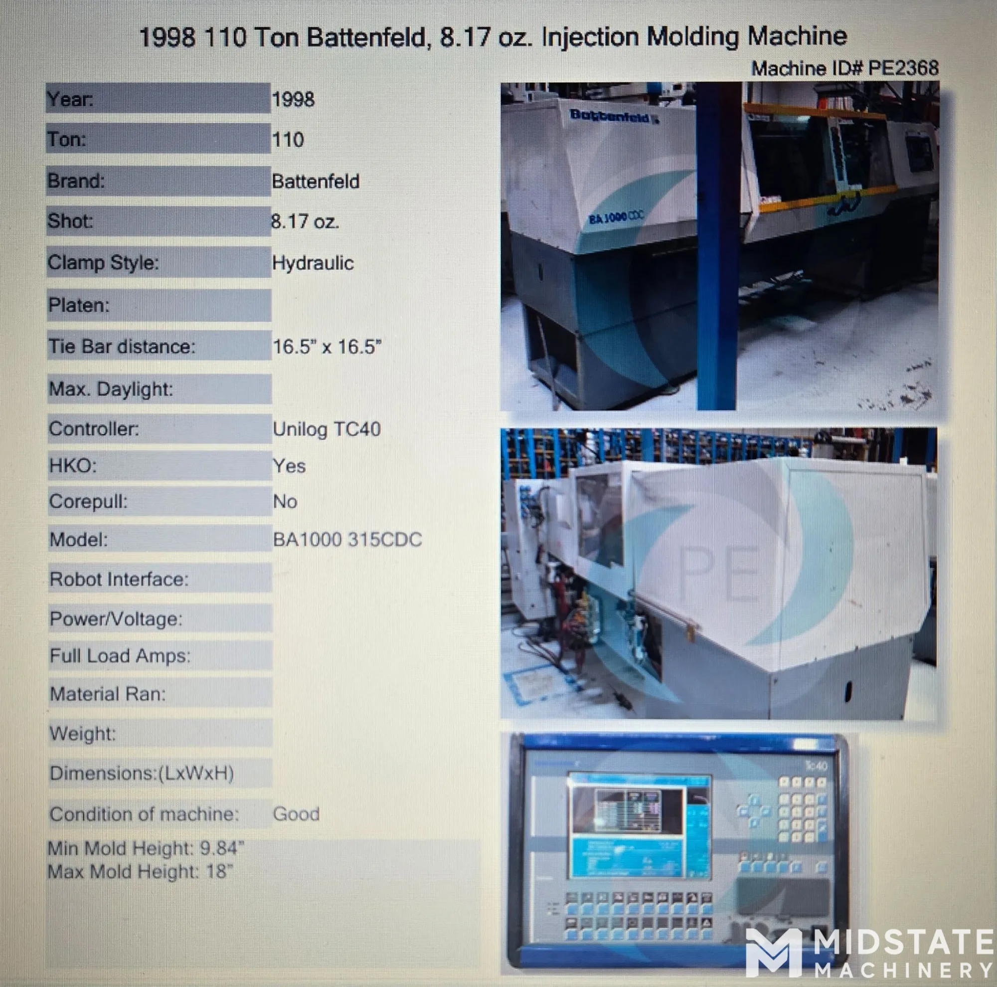 BATTENFELD BA1000/315 CDC Injection Molding Machine