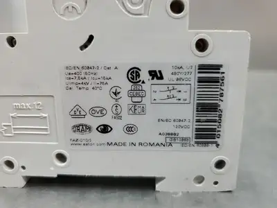 USED Eaton FAZ-C10/2 2-Pole Miniature Circuit Breaker, 75A, 400V