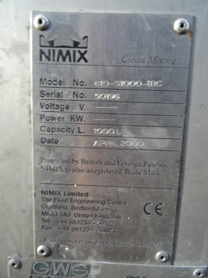 1,000L Nimix S/S Enclosed Mixing Tank