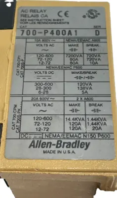 ALLEN BRADLEY 700-P400A1 AC RELAY SER.D 700P400A1 NEW, SURPLUS