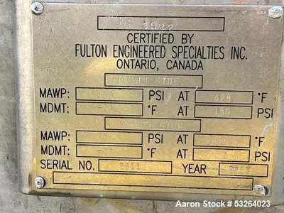 Used Fulton 1,500 Gallon Jacketed Tank – 304 SS, 150 PSI Jacket, 20 HP Falk Mixer, Flanged Outlet