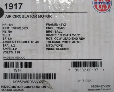 NEW US MOTORS 1917 MOTOR 115V 1/4HP 48YZ 1075/2