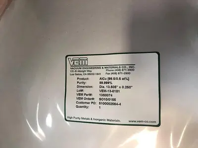 VEM AlCu (99.5-.5 at %) 99.999% purity, dia 13.505''x.250''