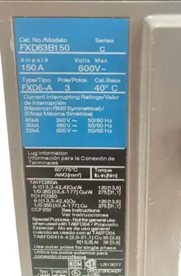 NEW SIEMENS FXD63B150 CIRCUIT BREAKER 150A 600V 3 POLE SER. C