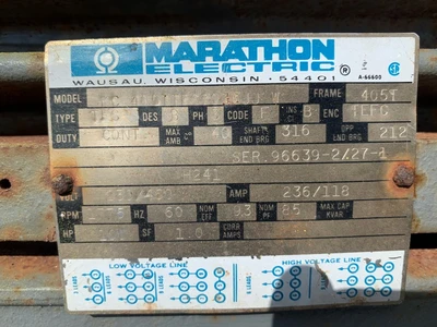 Marathon Electric Motor 100 HP 1775 RPM 230/460 Volts