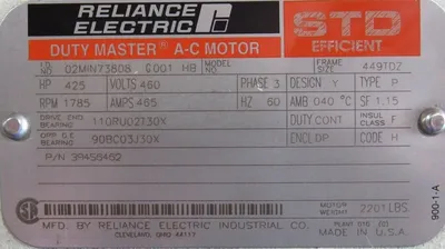 NEW RELIANCE ELECTRIC 39456462 MOTOR 425HP 460V 02MIN73808-G001-HB 449TDZ 3-3/4"
