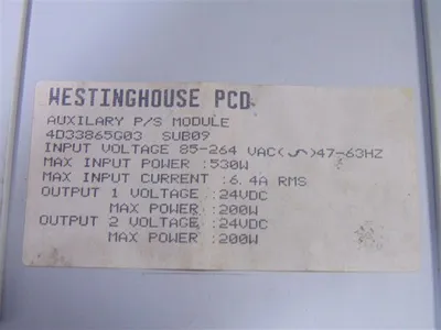 Westinghouse 4D33865G03 PCD I/O Auxiliary Power Supply Module Sub 09 Used
