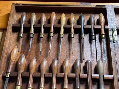 7447-385 Antique Holtzapffel Ornamental Lathe Turning Tools Chisel Set, London -54 Each