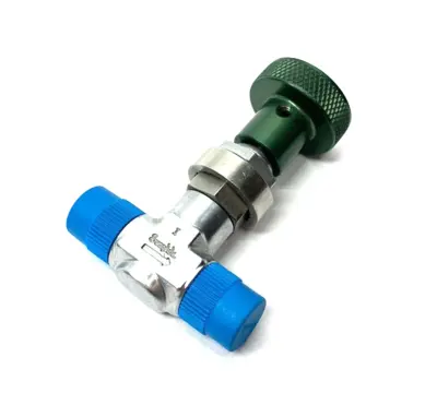 USED SWAGELOK CHROME-PLATED BRASS METERING VALVE, GREEN KNOB, KNURLED