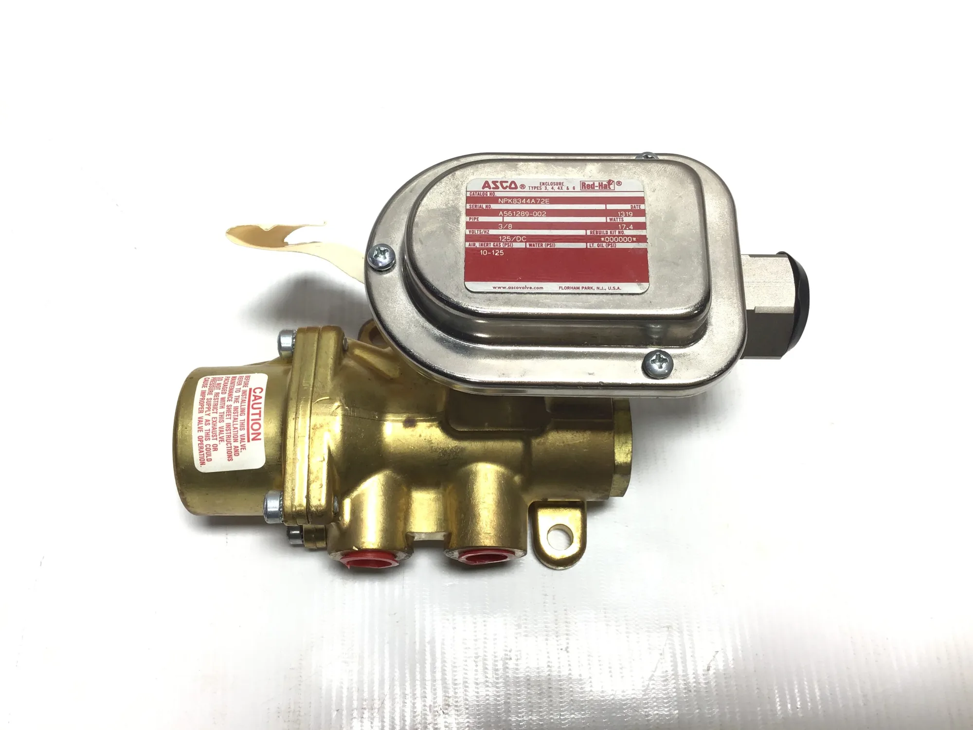 Asco NPK8344A72E Red Hat Solenoid Valve 3/8″NPT 125VDC 17.4Watts 20-125PSI